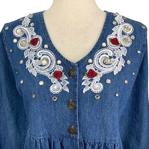 Mirage Vintage 90s Denim Midi Dress Embellished Art To Wear Cottagecore - Picture 3 of 11